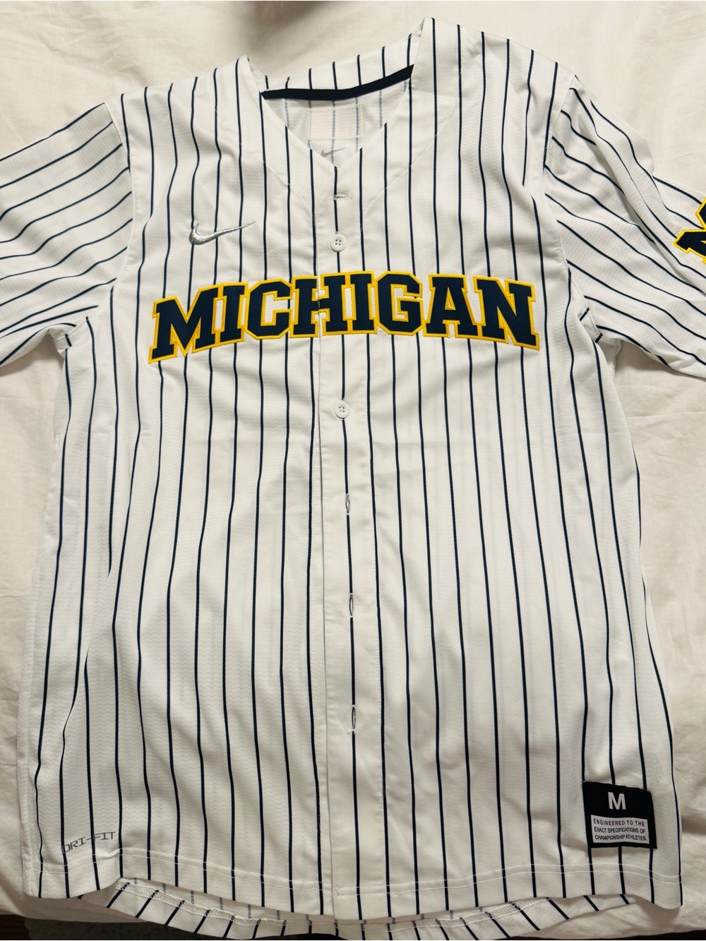 Nike White Pinstripe Michigan Baseball Jersey